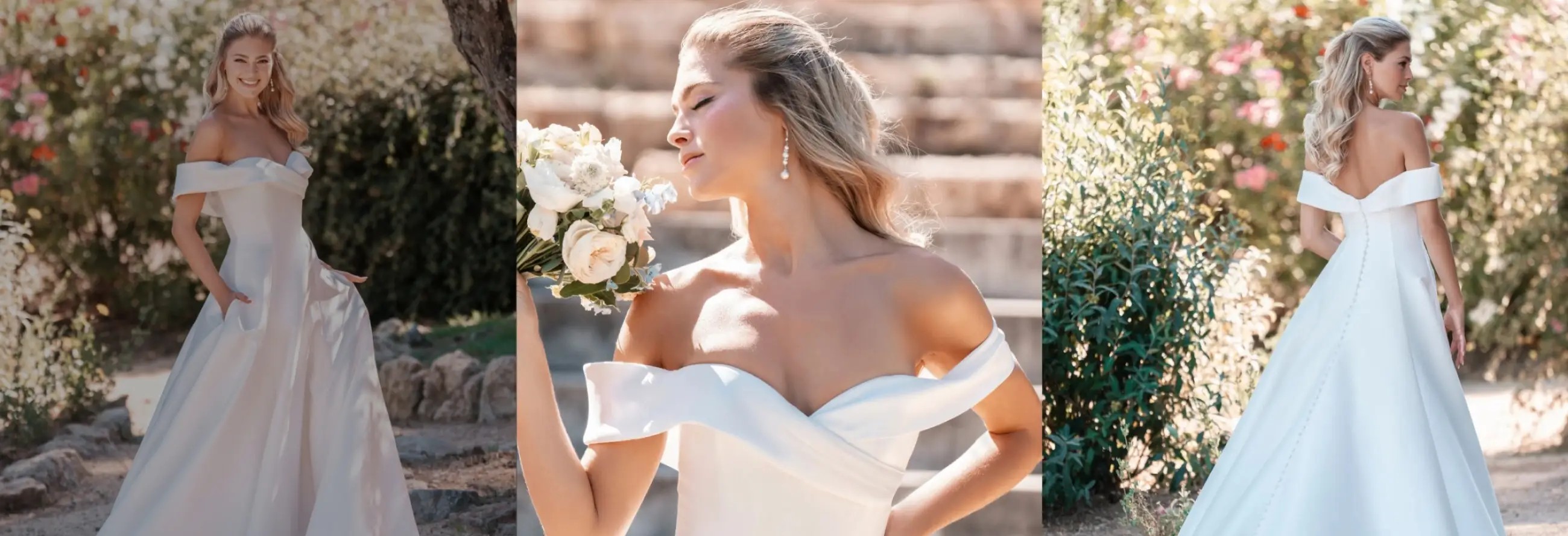 Model wearing white gowns from different bridal collections